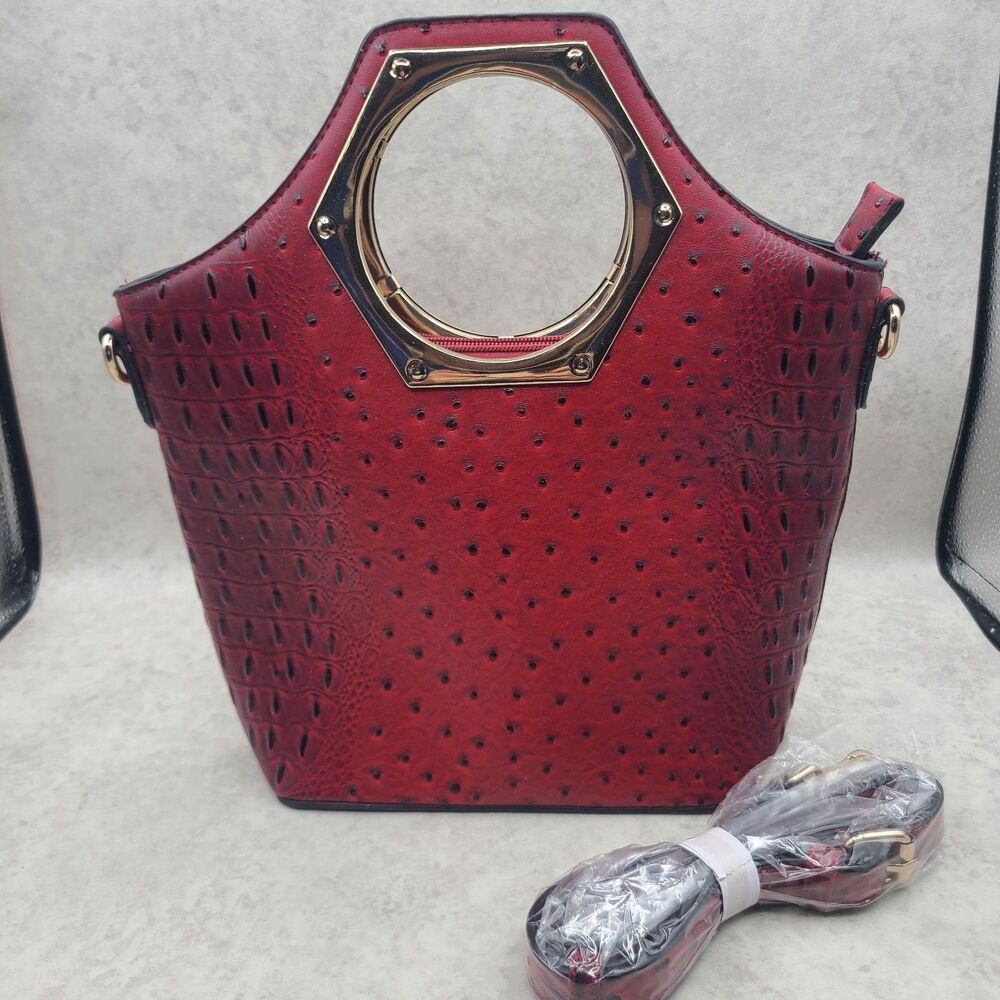 New Red Shoulder Strap Or Handheld Purse Unbranded Ostrich Print Stamped